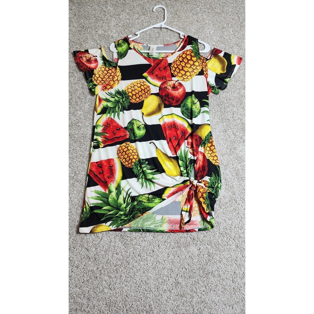 Lovely J Tropical Fruit & Striped Cold-Shoulder Knot-Front Shirt - Size Medium